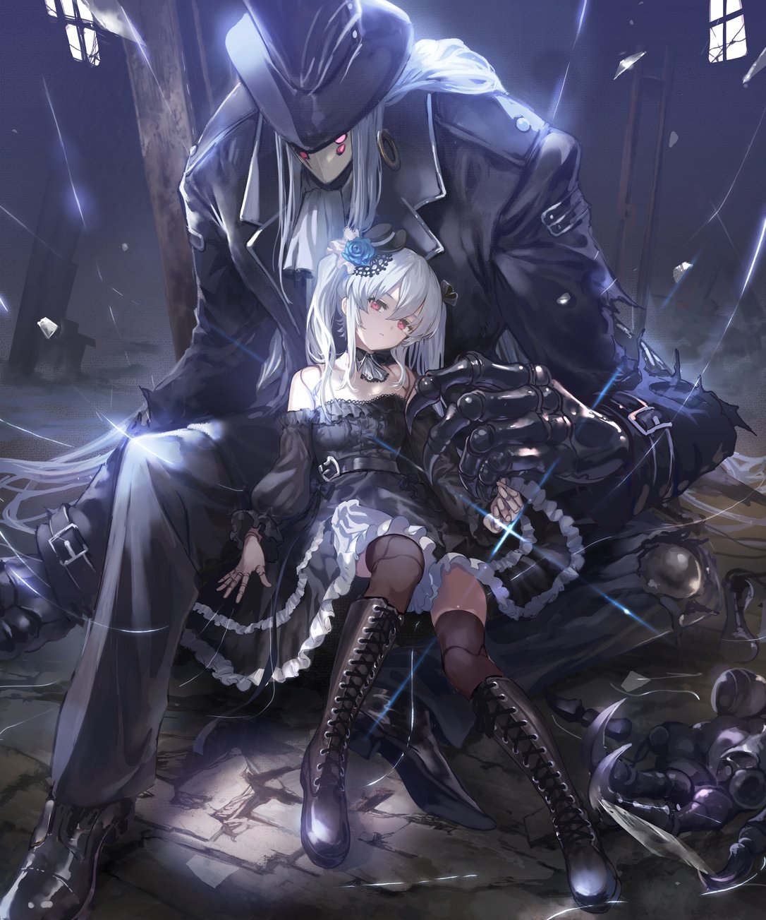 1boy, 1girl, ascot, bare_shoulders, black_boots, black_bow, black_bowtie, black_dress