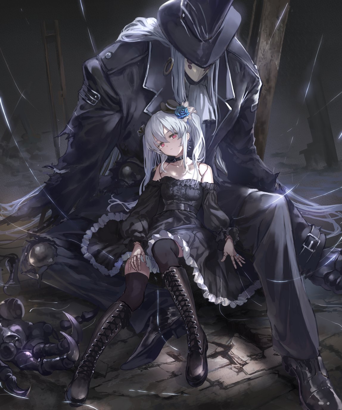 1boy, 1girl, ascot, bare_shoulders, black_boots, black_choker, black_dress, black_hat