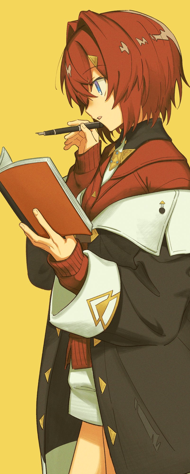 1girl, agemono_ume, ange_katrina, ange_katrina_(1st_costume), black_coat, blue_eyes, book, cardigan