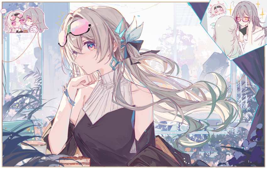 2girls, ?, aqua_hair, black_dress, chibi, closed_mouth, dress, earrings