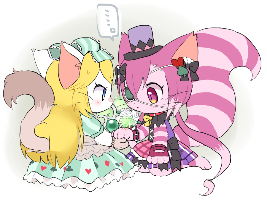 2girls, alice_(cat_busters), animal_ears, black_bow, blonde_hair, blue_eyes, blush, body_fur
