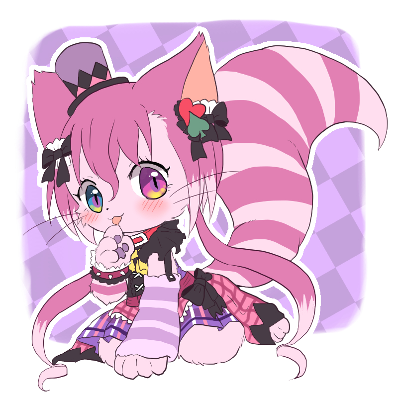 1girl, animal_ears, animal_feet, animal_hands, black_bow, blue_eyes, bow, cat_busters, cat_ears, cat_girl, cat_tail, cheshire_(cat_busters), chibikemo, commentary_request, dress, furry, furry_female, hair_bow, hat, heterochromia, long_hair, looking_at_viewer, low_twintails, mini_hat, mini_top_hat, purple_dress, purple_fur, purple_hair, sitting, solo, tail, top_hat, twintails, violet_eyes, wariza, wataboshi, whiskers
