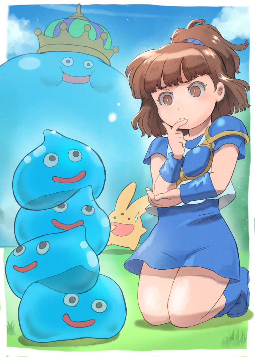 1girl, absurdres, arle_nadja, armor, black_eyes, blue_boots, blue_dress, blue_scrunchie