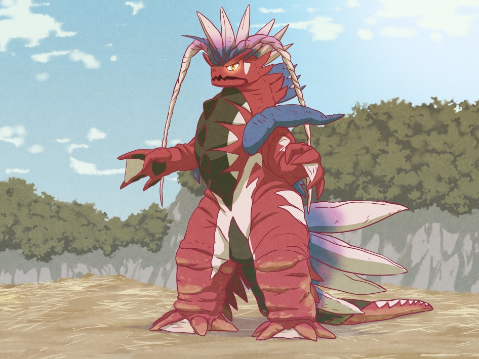 1other, antennae, feathers, giant, giant_monster, glowing, glowing_eyes, kaiju, koraidon, outdoors, outstretched_arms, parody, perori_(peroringa), pokemon, pokemon_(creature), pokemon_sv, sharp_teeth, sky, solo, spread_arms, standing, tail, teeth, tree, ultra_series, ultraman_(1st_series), webbed_feet, webbed_hands, yellow_eyes