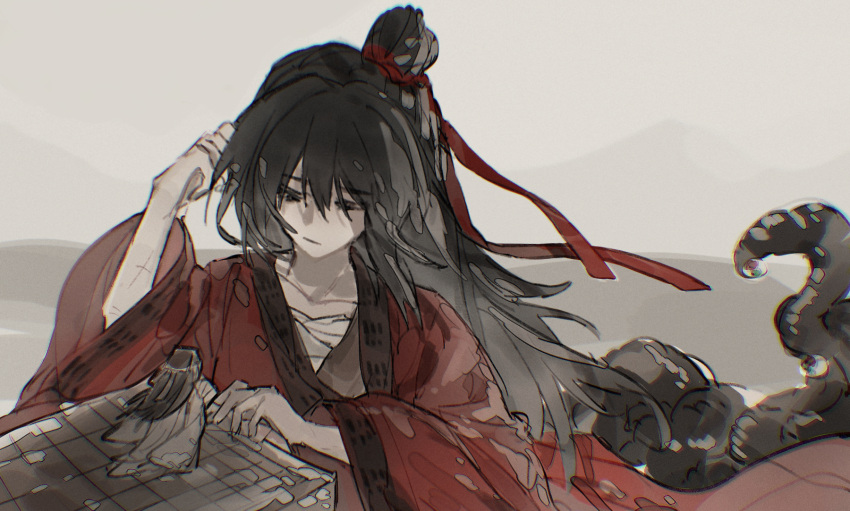 1boy, bandaged_chest, black_eyes, black_hair, black_hanfu, chinese_clothes, closed_mouth, coat