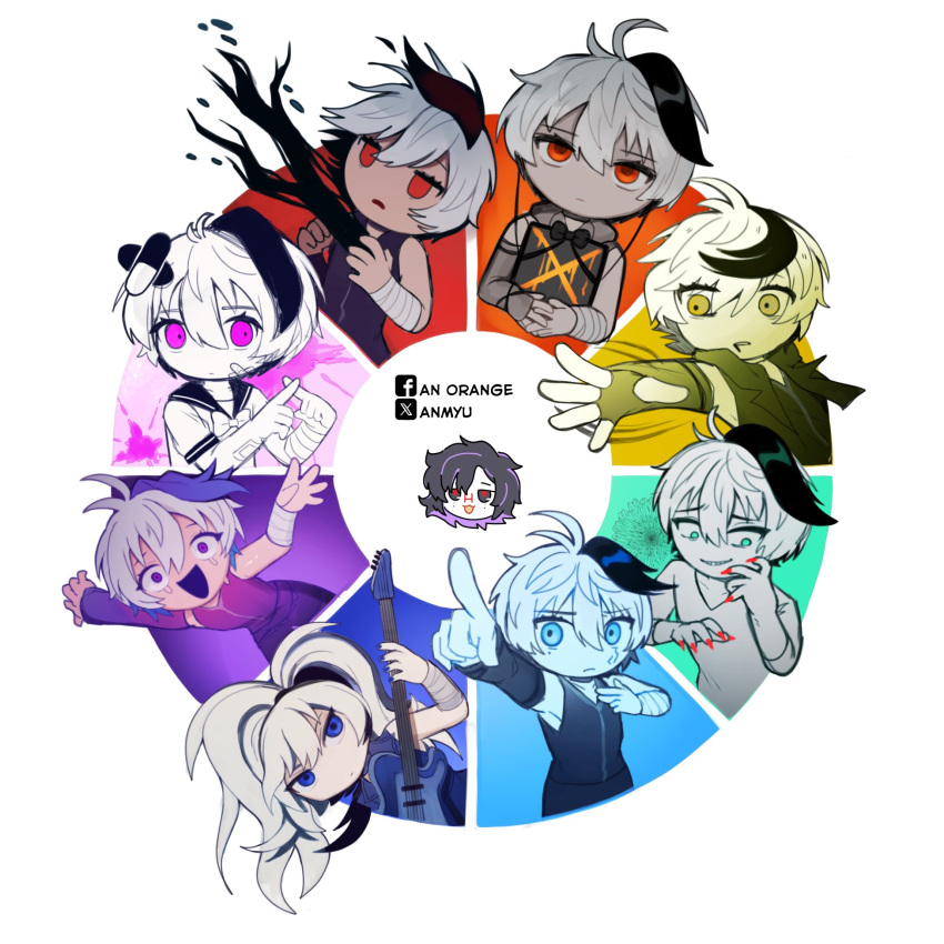 6+girls, :d, abnormality_dancin'_girl_(vocaloid), alternate_eye_color, anmyu, antenna_hair, arandano_(vocaloid), bandaged_arm