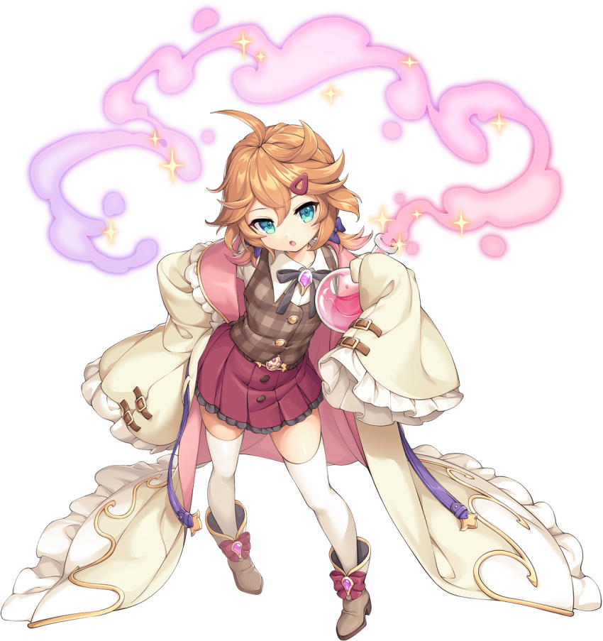 1girl, antenna_hair, artist_request, blue_eyes, breasts, buttons, flat_chest, four-pointed_star, full_body, game_cg, hair_ornament, hairpin, highres, hohenheim_(legend_clover), hohenheim_(young)_(legend_clover), holding_potion, legend_clover, official_alternate_costume, official_art, open_mouth, potion, skirt, solo, third-party_source, transparent_background