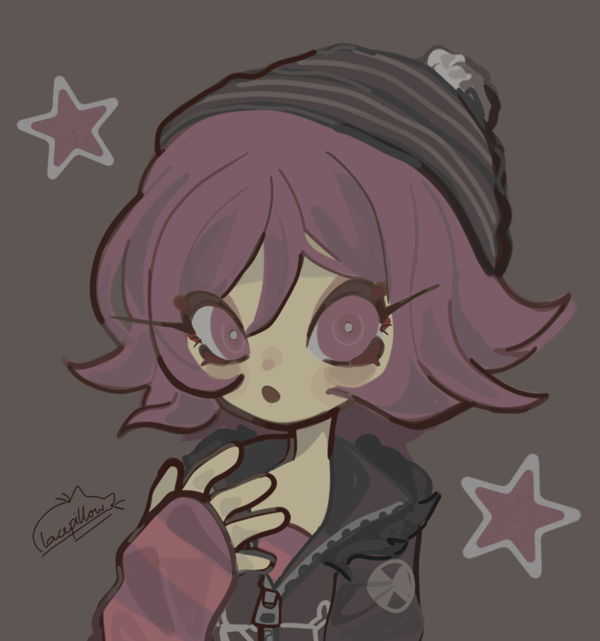 1girl, :o, artist_name, beanie, black_hat, black_jacket, bright_pupils, commentary
