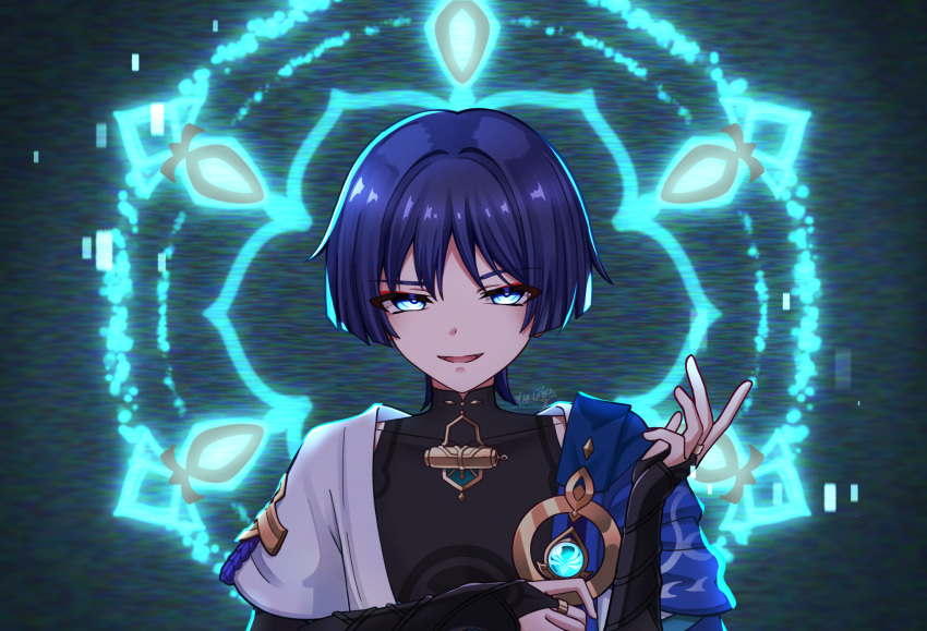 1boy, aqua_halo, aqua_sleeves, armor, backlighting, black_bodysuit, black_bridal_gauntlets, blue_cape, blue_eyes, blue_gemstone, blunt_ends, bodysuit, bridal_gauntlets, cape, covered_collarbone, eyeliner, eyeshadow, gem, genshin_impact, glowing, glowing_eyes, gold, gold_ring, halo, halo_behind_head, hand_up, highres, japanese_armor, kote, kurokote, layered_sleeves, looking_at_viewer, magic_circle, makeup, male_focus, mandarin_collar, middle_ring, open_hand, open_mouth, purple_hair, purple_rope, red_eyeliner, red_eyeshadow, rina_sukareltuto, rope, scaramouche_(genshin_impact), short_sleeves, shoulder_peek, smile, solo, static_background, straight-on, tsurime, upper_body, vision_(genshin_impact), wanderer_(genshin_impact), white_sleeves, white_trim, wispy_bangs