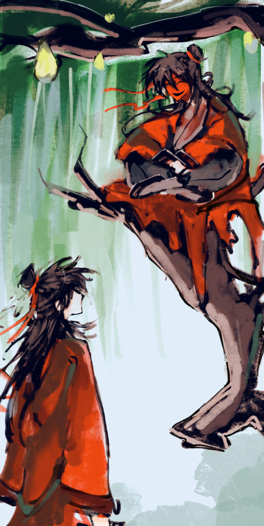 2boys, black_hair, black_hanfu, boots, branch, chinese_clothes, chinese_commentary, closed_eyes