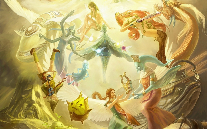animal, boots, brown_hair, cap, cape, ciela, deku_tree, dragon, dress, elf, fado, fairy, fish, great_fairy, green_hair, harp, jewelry, kokiri, korok, laruto, link's_awakening, long_hair, lord_jabu_jabu, majora's_mask, makar, medli, multiple_arms, musical_instrument, navi, ocarina_of_time, personification, phantom_hourglass, phi_(skyward_sword), pointy_ears, ponytail, queen_of_fairies, red_hair, rito, skyward_sword, sprout, tael, tatl, the_legend_of_zelda, tiara, tree, twilight_princess, valoo, very_long_hair, violin, whale, wind_waker, windfish, zora