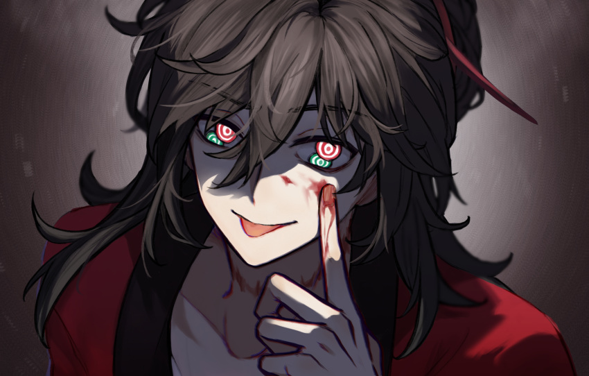 1boy, :p, akanbe, black_hair, blood, blood_on_face, blood_on_hands, brown_hair, chinese_clothes, chinese_commentary, coat, collarbone, dao_gui_yi_xian, extra_pupils, eyelid_pull, green_eyes, hair_between_eyes, hair_ribbon, half_updo, hand_up, hanfu, highres, hong_zhong, index_finger_raised, li_huowang, long_hair, looking_at_viewer, male_focus, multicolored_eyes, ponytail, portrait, red_coat, red_eyes, red_ribbon, ribbon, scar, scar_on_neck, shade, smile, solo, tongue, tongue_out, upper_body, wuyinwanzai