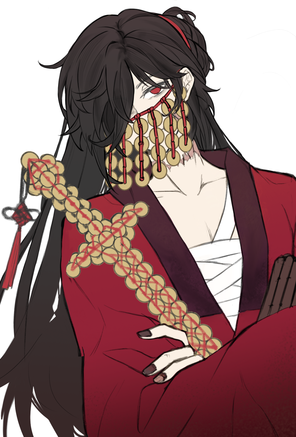 1boy, bags_under_eyes, bandaged_chest, black_hair, black_nails, chinese_clothes, chinese_commentary, coin, coin_mask, coin_sword, collarbone, covered_mouth, crossed_arms, dao_gui_yi_xian, earrings, hair_over_one_eye, half_updo, hanfu, highres, holding, holding_sword, holding_weapon, holed_coin, japanese_clothes, jewelry, kimono, li_huowang, long_hair, long_sleeves, looking_at_viewer, male_focus, mouth_veil, nail_polish, one_eye_covered, ponytail, red_eyes, red_hanfu, scar, scar_on_neck, short_ponytail, simple_background, solo, sword, sword_tassel, tassel, upper_body, veil, very_long_hair, weapon, white_background, wuyinwanzai