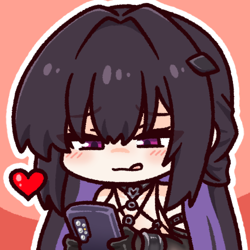 1girl, black_gloves, black_hair, blush, chibi, choker, colored_inner_hair, concha_(mamecha)