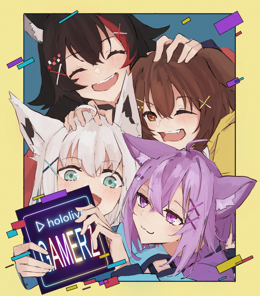 4girls, :3, :d, animal_ear_fluff, animal_ears, aqua_eyes, black_hair, blush, border, brown_hair, cat_girl, closed_eyes, dog_girl, english_text, facing_viewer, fang, fox_girl, hair_between_eyes, hair_ornament, halftone, highres, holding, holding_sign, hololive, hololive_gamers, inugami_korone, looking_at_viewer, multicolored_hair, multiple_girls, nekomata_okayu, one_eye_closed, ookami_mio, open_mouth, outside_border, purple_hair, sabamiso113, shirakami_fubuki, sign, smile, teeth, upper_teeth_only, violet_eyes, virtual_youtuber, white_hair, wolf_girl, x_hair_ornament, yellow_border