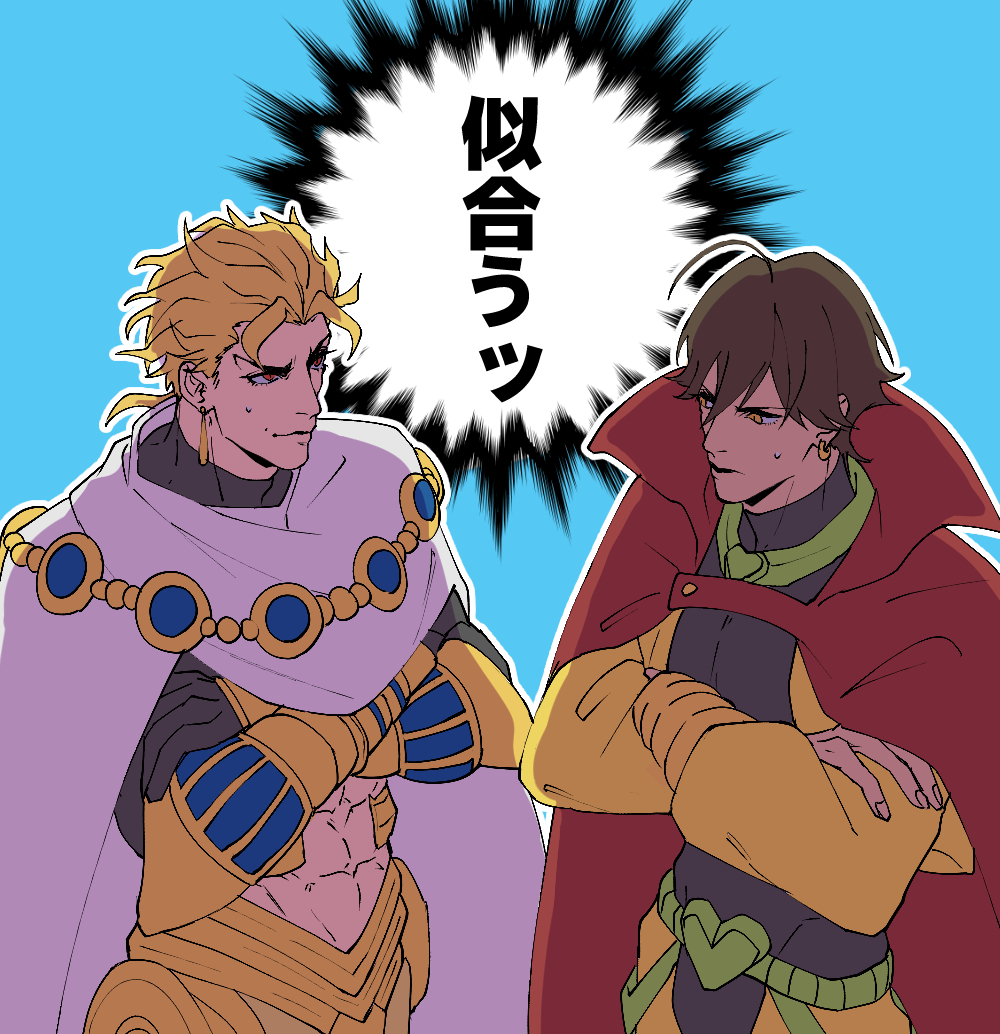 2boys, abs, black_gloves, blonde_hair, blue_background, brown_hair, cape, commentary_request