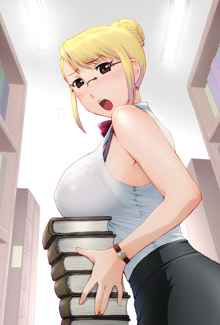 1girl, bare_shoulders, blonde_hair, book, bra, breast_rest, breasts, brown_eyes