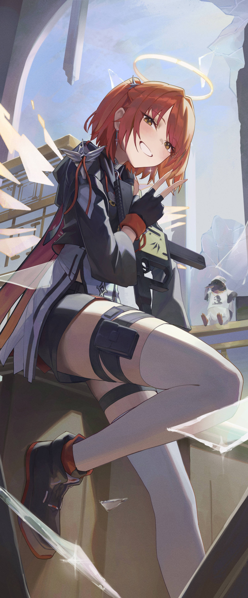 1girl, absurdres, arknights, assault_rifle, black_jacket, broken_glass, brown_eyes, cowboy_shot