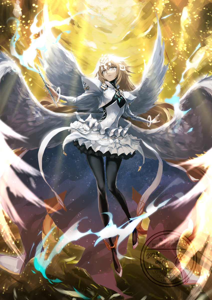 152_in_can, 1girl, absurdres, angel_wings, black_pantyhose, blonde_hair, bracelet, breasts
