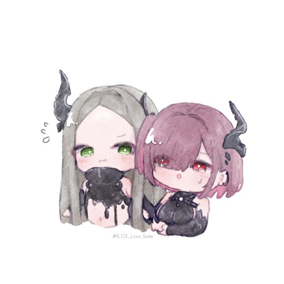 2girls, above_cleavage_cutout, alice_love_game, black_gloves, black_horns, black_liquid, blush, breasts