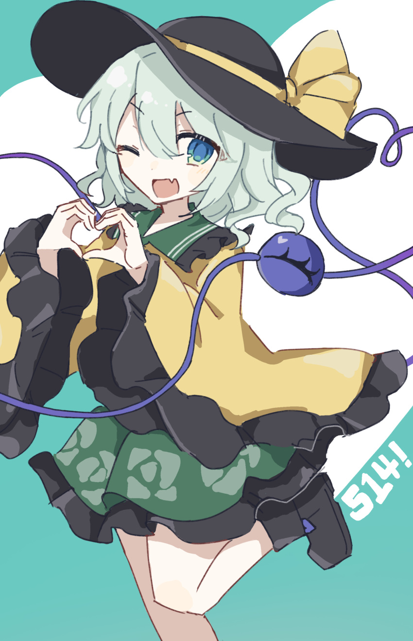 1girl, ;d, absurdres, ankle_boots, aqua_background, black_boots, black_hat, boots