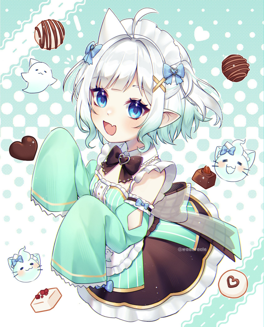 1girl, absurdres, ahoge, apron, black_bow, black_bowtie, blue_bow, blue_eyes