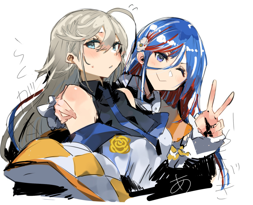 2girls, ahoge, black_shirt, blue_eyes, blue_hair, blue_neckerchief, grey_hair, highres