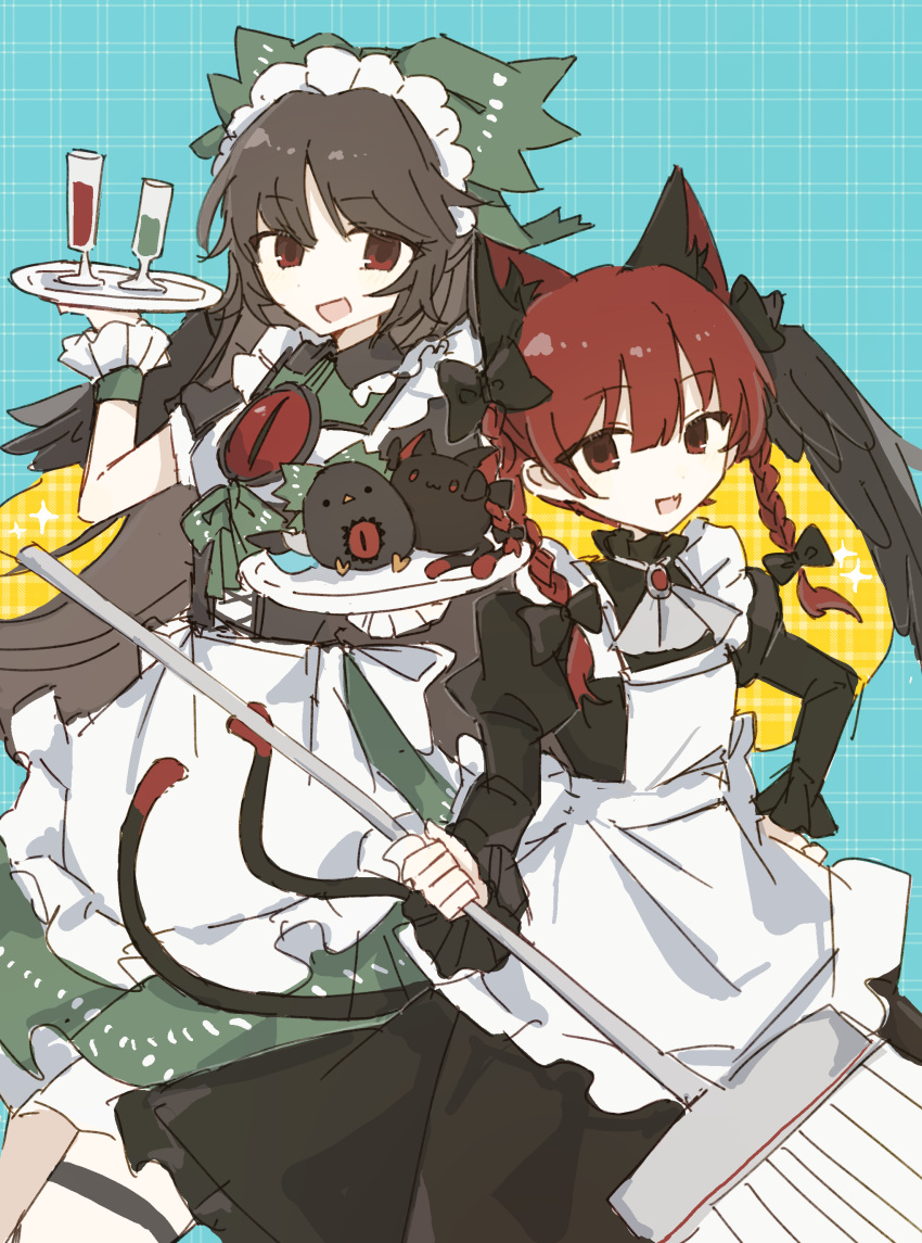 2girls, :d, absurdres, alternate_costume, animal_ear_fluff, animal_ears, apron, ascot