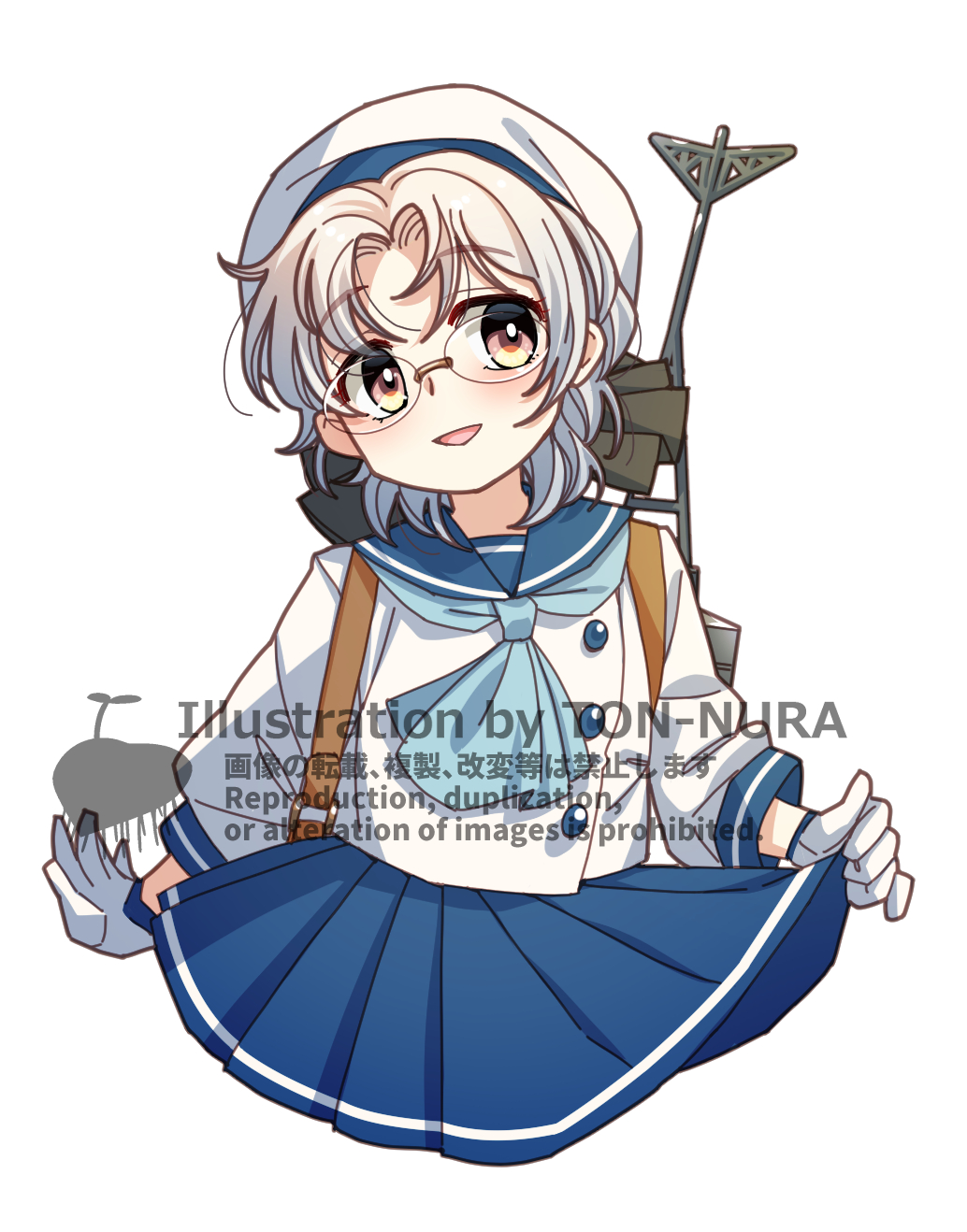 1girl, blue_neckerchief, blue_sailor_collar, blue_skirt, brown_eyes, cowboy_shot, glasses, gloves