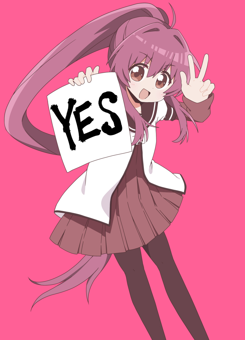 1girl, absurdres, black_pantyhose, blush, brown_eyes, highres, long_hair, looking_at_viewer, nanamori_school_uniform, okaasan_(okaasandx), open_mouth, pantyhose, pink_background, ponytail, purple_hair, school_uniform, simple_background, smile, solo, sugiura_ayano, w, yuru_yuri