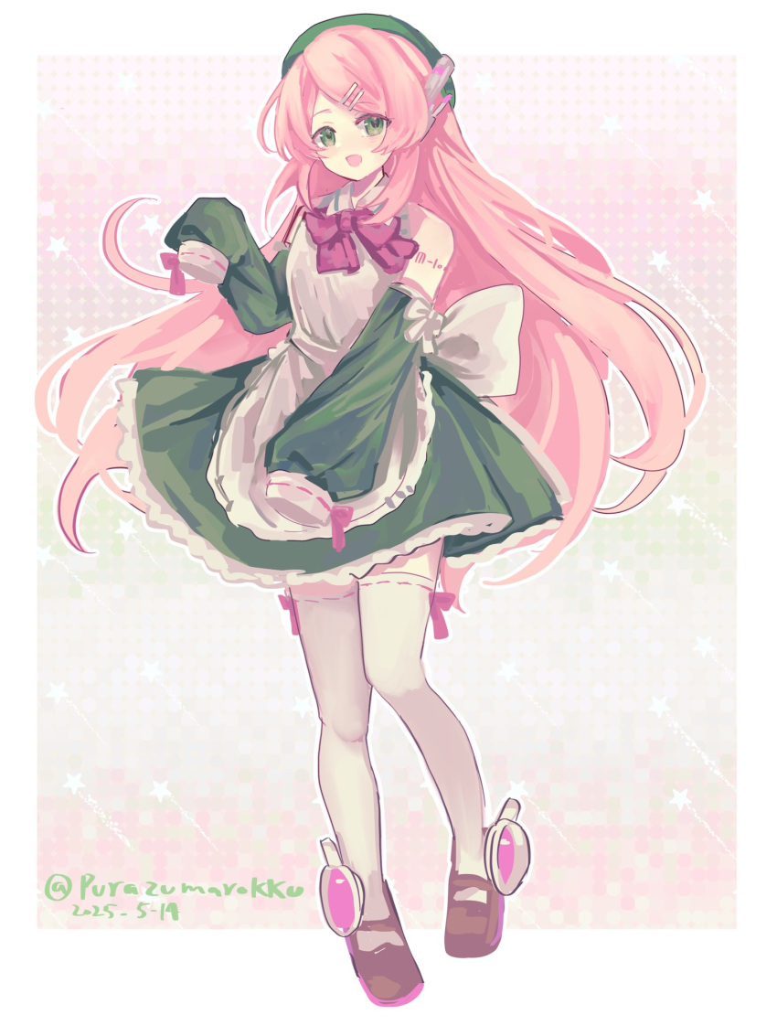 apron, back_bow, beret, border, bow, bowtie, brown_shoes, dated, dress, flat_chest, full_body, green_dress, green_eyes, green_hair, hair_ornament, hairclip, hand_up, hat, headphones, highres, layered_dress, long_hair, looking_at_viewer, mary_janes, momone_momo, open_mouth, pink_background, pink_bow, pink_bowtie, pink_hair, pink_tattoo, purazumarokku, shoes, shoulder_tattoo, sleeveless, sleeveless_dress, sleeves_past_fingers, sleeves_past_wrists, tattoo, thigh-highs, twitter_username, utau, very_long_hair, very_long_sleeves, white_apron, white_border, white_thighhighs