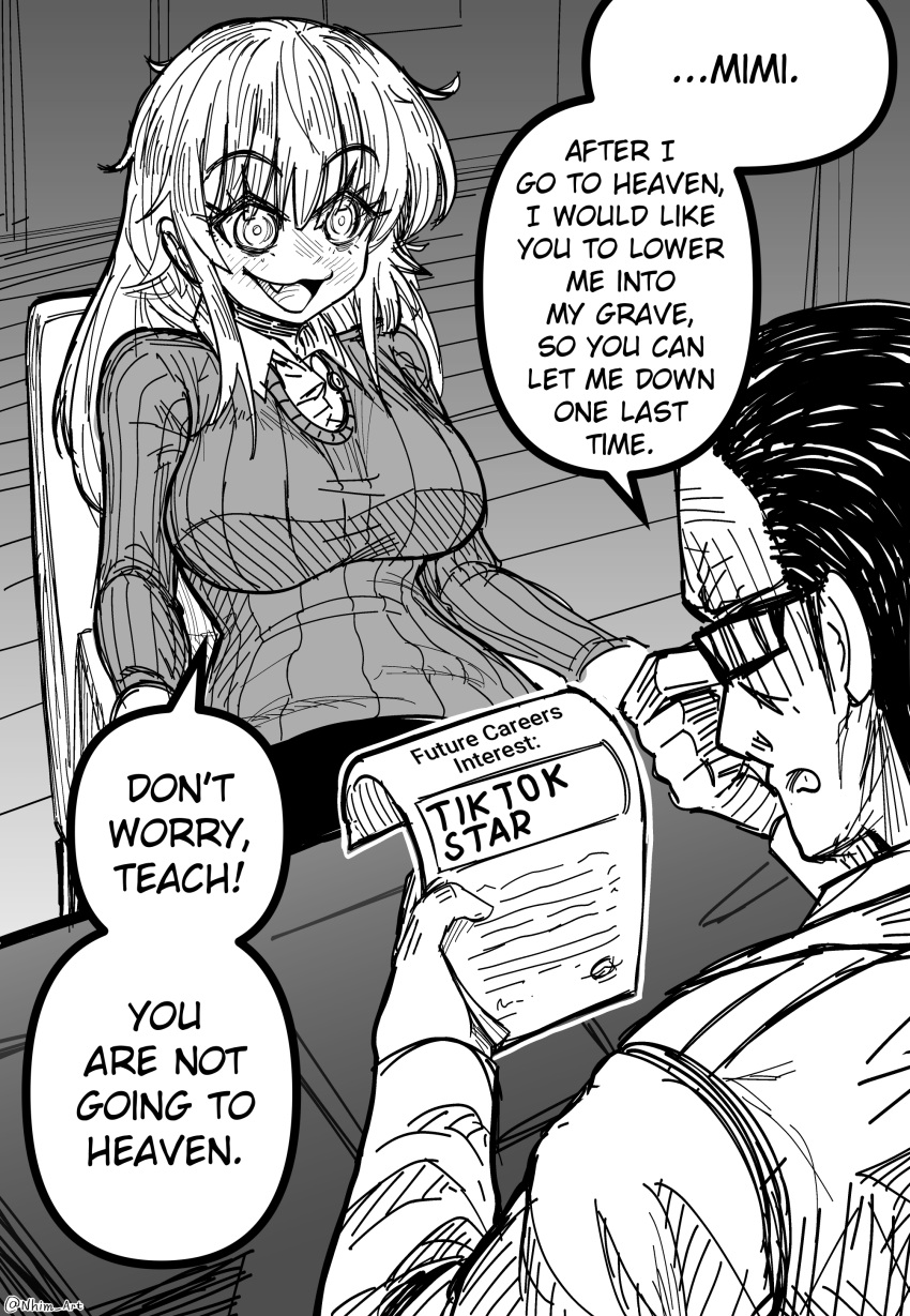 1boy, 1girl, absurdres, breasts, collared_shirt, commentary, english_commentary, english_text