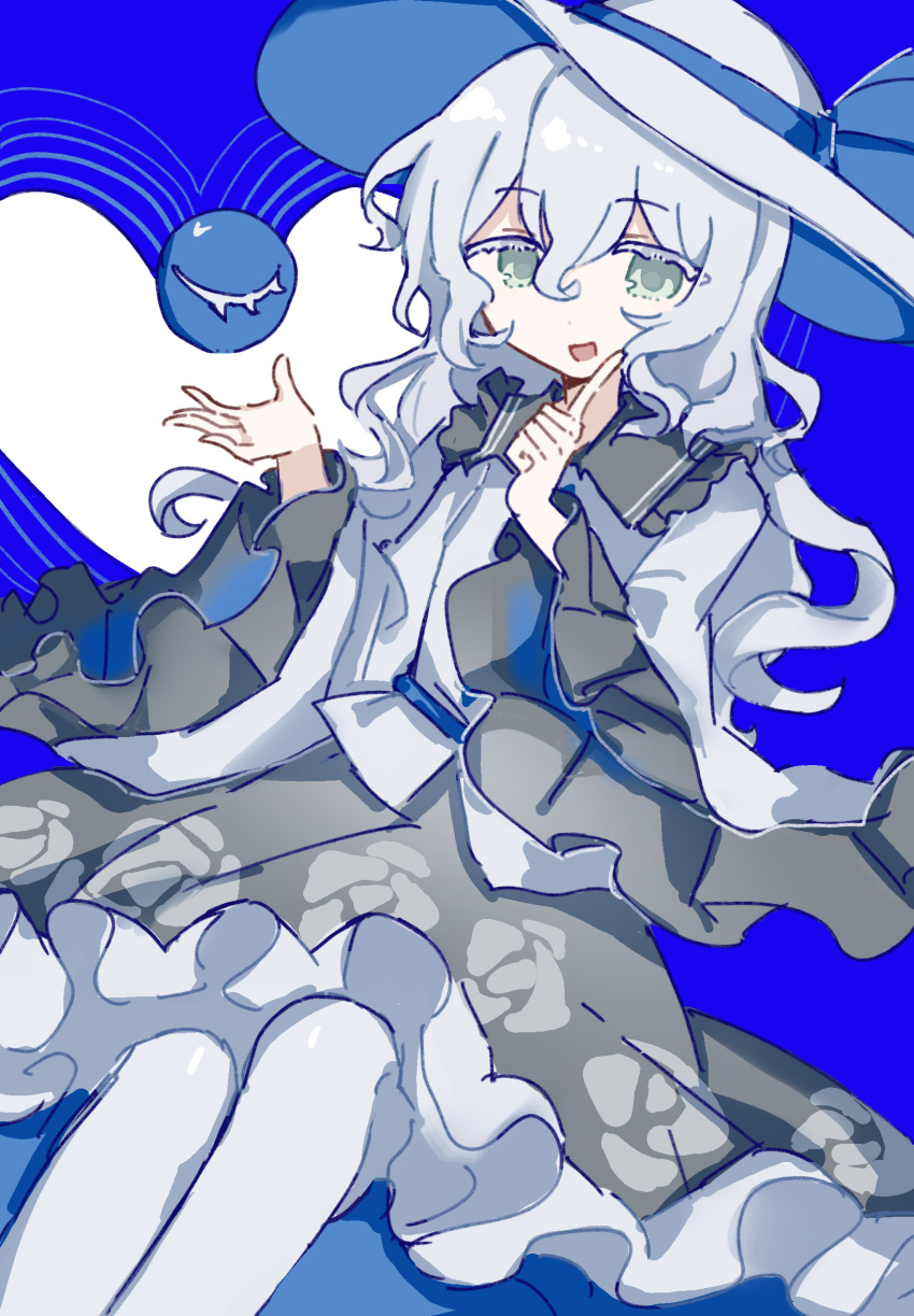 1girl, :d, alternate_color, blouse, blue_background, blue_ribbon, chinese_commentary, commentary_request, feet_out_of_frame, floral_print, frilled_shirt_collar, frilled_skirt, frilled_sleeves, frills, green_eyes, grey_hair, grey_hat, grey_pantyhose, grey_shirt, grey_skirt, hair_between_eyes, hat, hat_ribbon, heart, highres, index_finger_raised, invisible_chair, koishi_day, komeiji_koishi, long_hair, long_sleeves, looking_at_viewer, open_mouth, pantyhose, print_skirt, ribbon, rose_print, shirt, sitting, skirt, smile, solo, third_eye, touhou, wide_sleeves, wusem0108