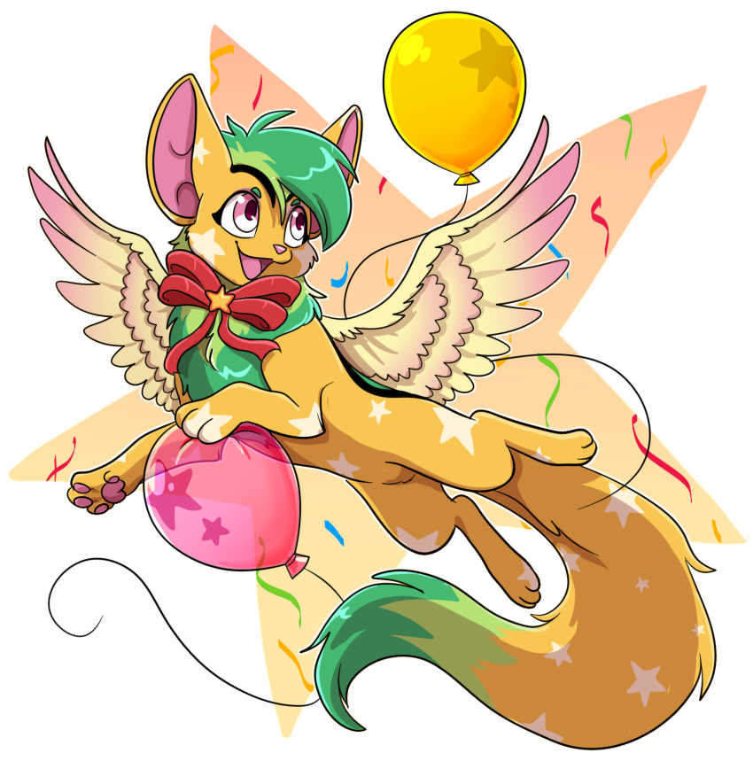 25th_anniversary_neopet, animal_focus, balloon, bow, commentary, creature, creature_focus, english_commentary, feathered_wings, flippingchicken, green_hair, highres, long_tail, neopet_(creature), neopets, no_humans, pawpads, pink_eyes, red_bow, short_hair, solo, star_(symbol), tail, wings, xweetok, yellow_fur
