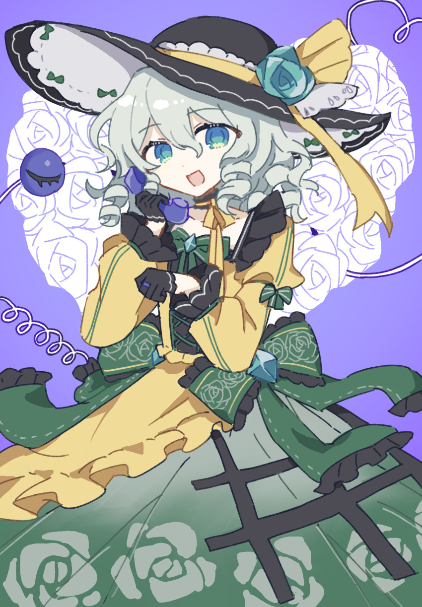 1girl, :d, adapted_costume, aqua_flower, aqua_rose, back_bow, black_gloves, black_hat