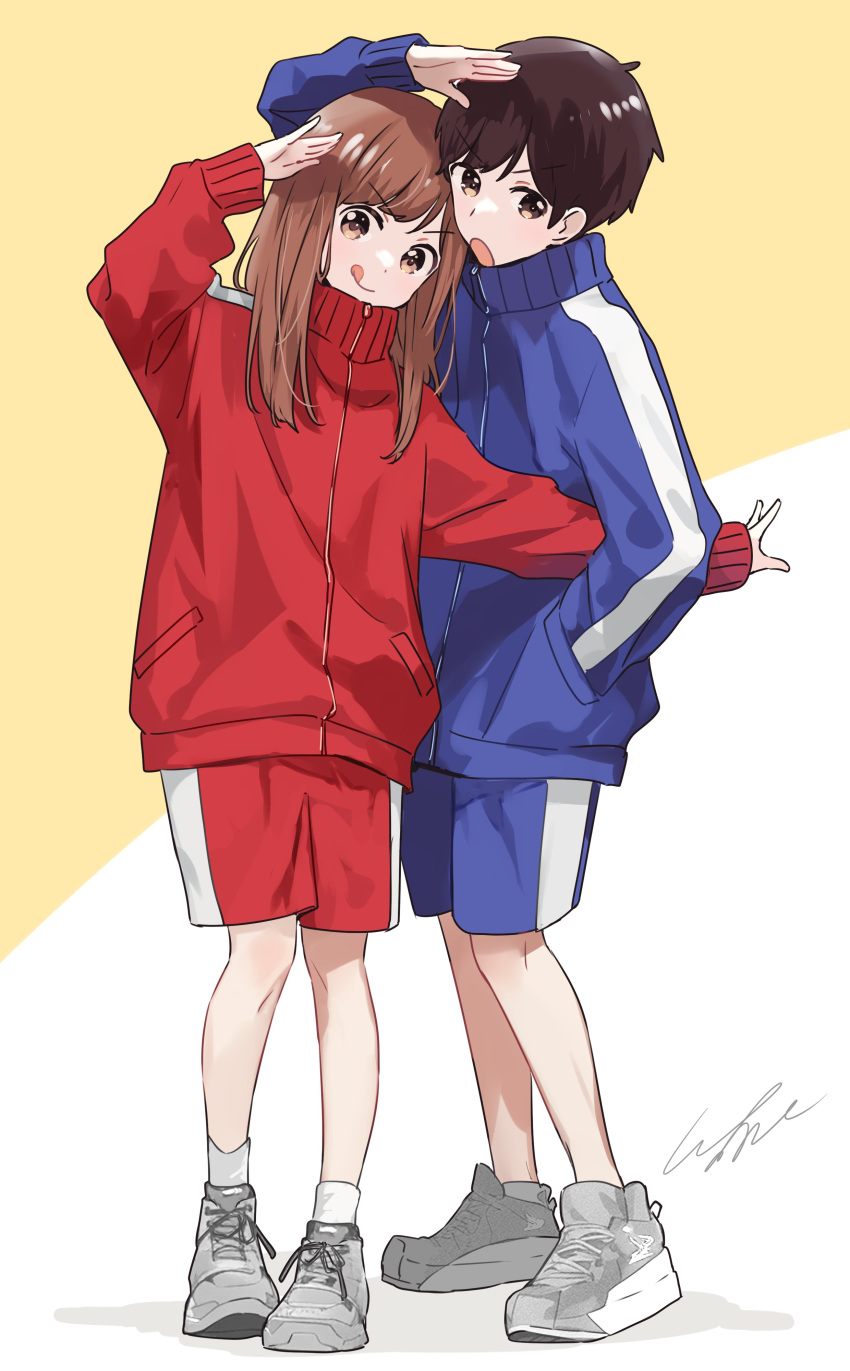 1boy, 1girl, :q, absurdres, blue_jacket, brown_hair, character_request, collared_jacket