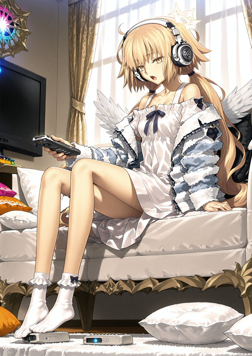 ai-generated, angel, blonde_hair, bow, couch, ebuoxxx, fate/grand_order, fate_(series)
