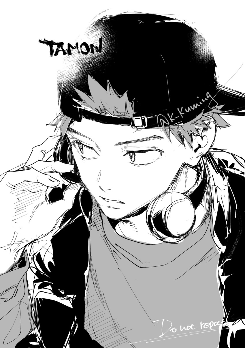 1boy, flat_cap, greyscale, hat, headphones, headphones_around_neck, highres, k_kuming