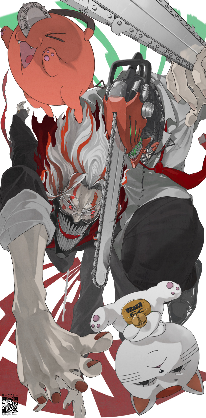 2boys, absurdres, chainsaw, chainsaw_man, commentary, crossover, dandadan, denji_(chainsaw_man)