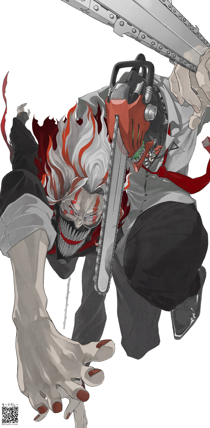 2boys, absurdres, chainsaw, chainsaw_man, commentary, crossover, dandadan, denji_(chainsaw_man)