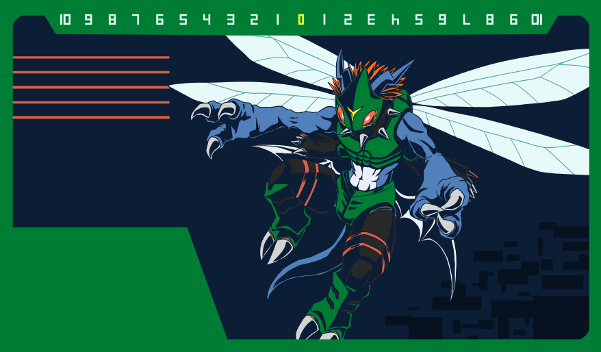 armor, blue_background, border, bug, digimon, digimon_(creature), digimon_card_game, dinobeemon