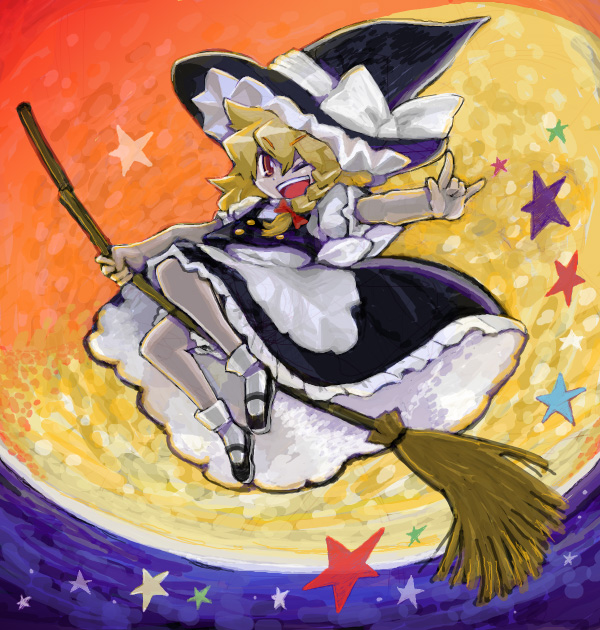 \m/, blonde_hair, broom, broom_riding, brown_eyes, fujimaru_ao, full_moon, hat, kirisame_marisa, moon, solo, star, touhou, wink, witch, witch_hat
