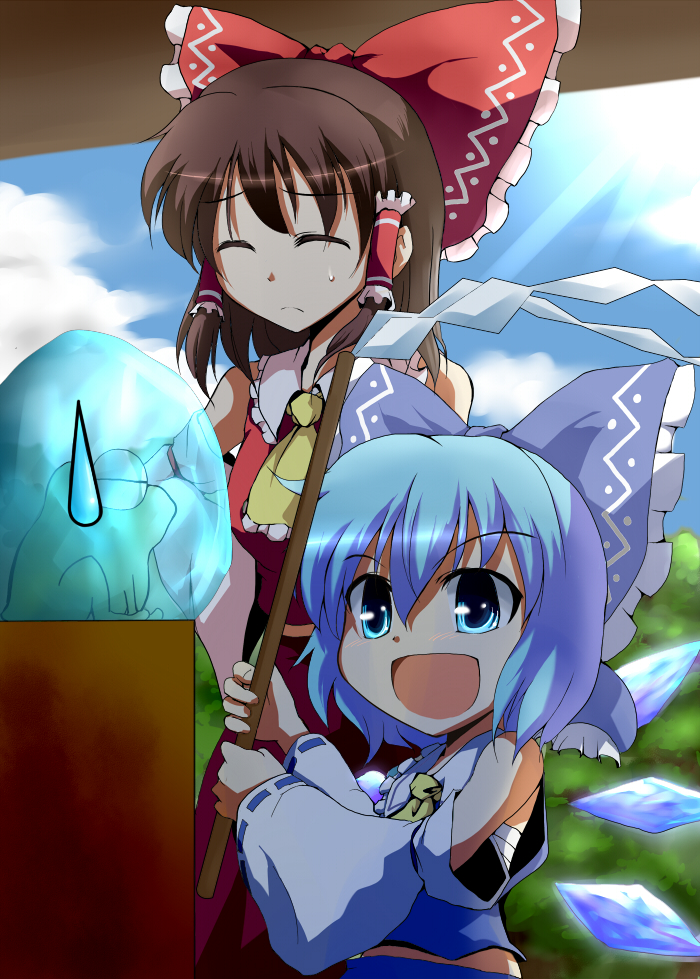bare_shoulders, blue_eyes, blue_hair, bow, brown_hair, cirno, closed_eyes, cosplay