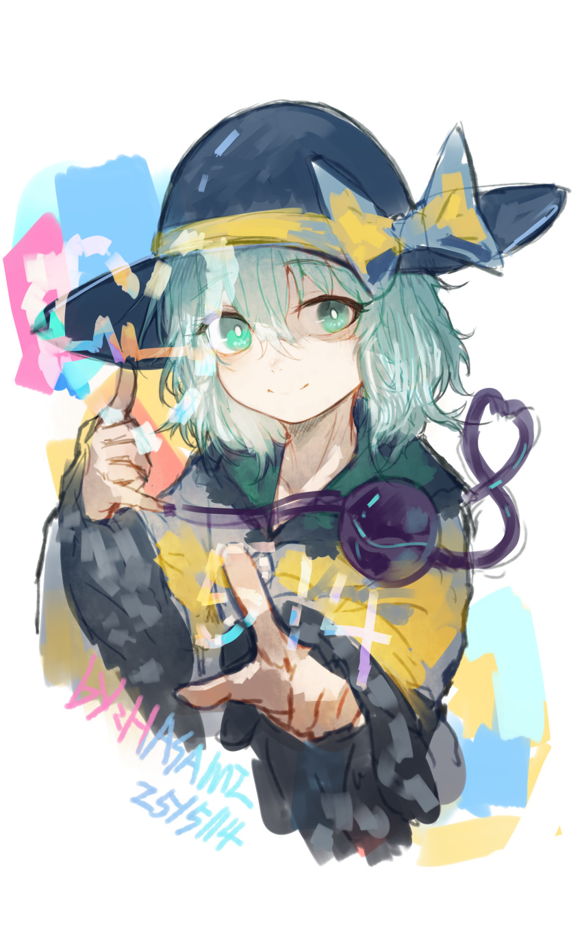 1girl, absurdres, artist_name, black_hat, blouse, bow, bright_pupils, closed_mouth