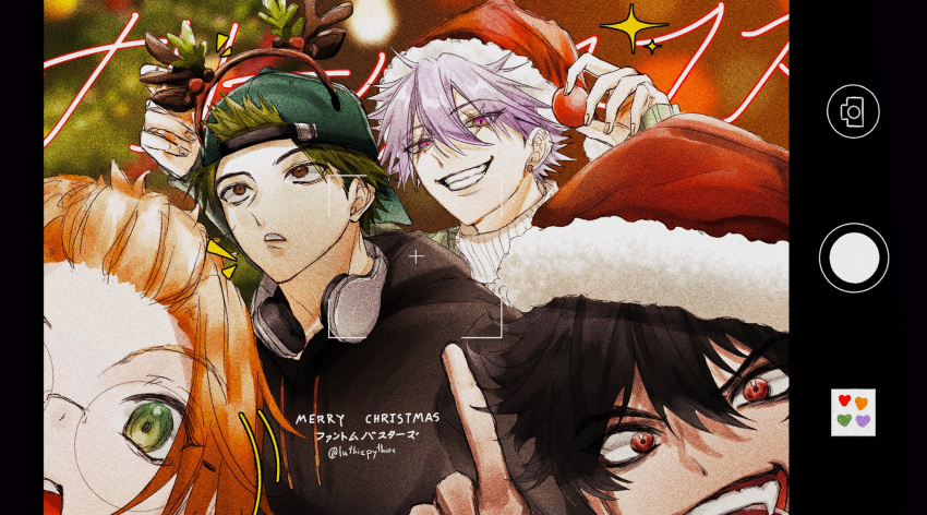 4boys, black_hair, brown_hair, earrings, eugene_korekishi, fangs, glasses, green_eyes, green_hair, hair_between_eyes, hair_pulled_back, hat, headphones, headphones_around_neck, highres, hood, jewelry, kanzaki_kaoru, kotaro_tamon, long_sleeves, looking_at_viewer, luthizpythios, male_focus, merry_christmas, mogari_shishikuno, multiple_boys, phantom_busters, purple_hair, red_eyes, santa_costume, santa_hat, short_hair, smile, teeth, viewfinder, violet_eyes, white_hair