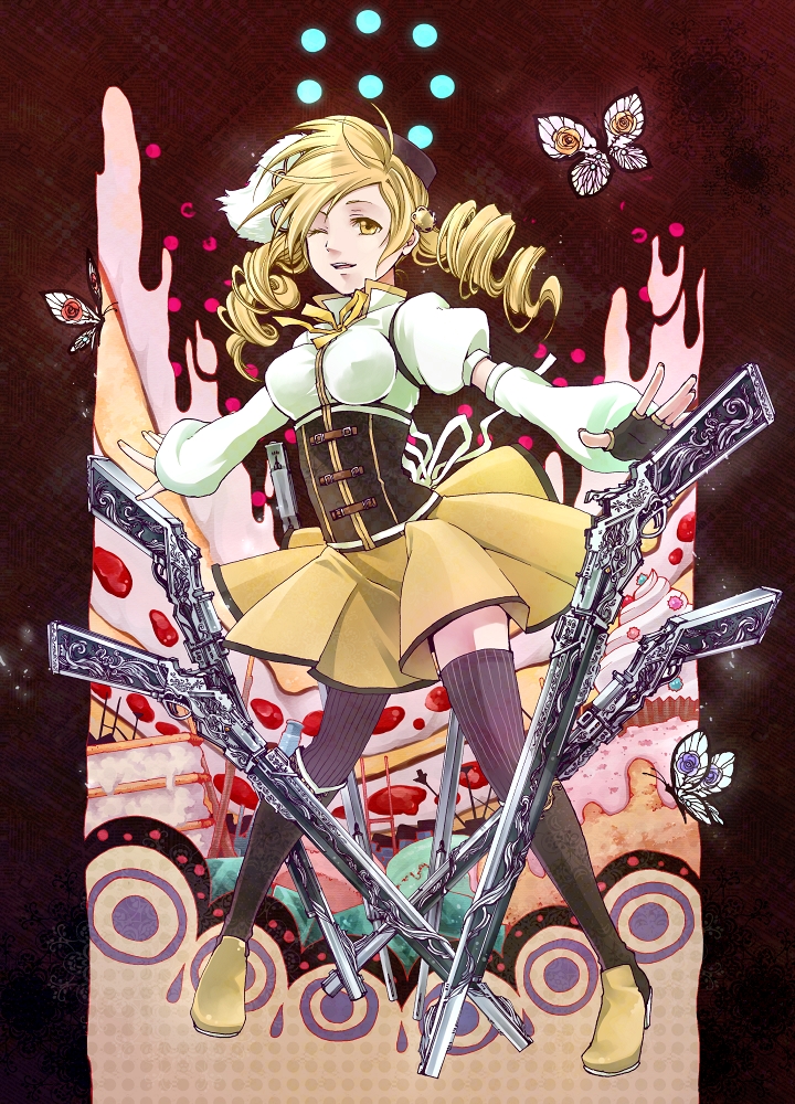 bad_id, beret, blonde_hair, butterfly, cake, drill_hair, fingerless_gloves, food, gloves, gun, hat, m3_(artist), m3_(mmm003), magical_girl, magical_musket, mahou_shoujo_madoka_magica, outstretched_arms, puffy_sleeves, rifle, short_hair, solo, thigh-highs, thighhighs, tomoe_mami, twintails, weapon, wink, witch's_labyrinth, yellow_eyes
