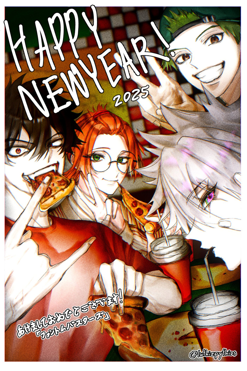 2025, 4boys, \m/, bishounen, black_hair, brown_eyes, eugene_korekishi, fangs