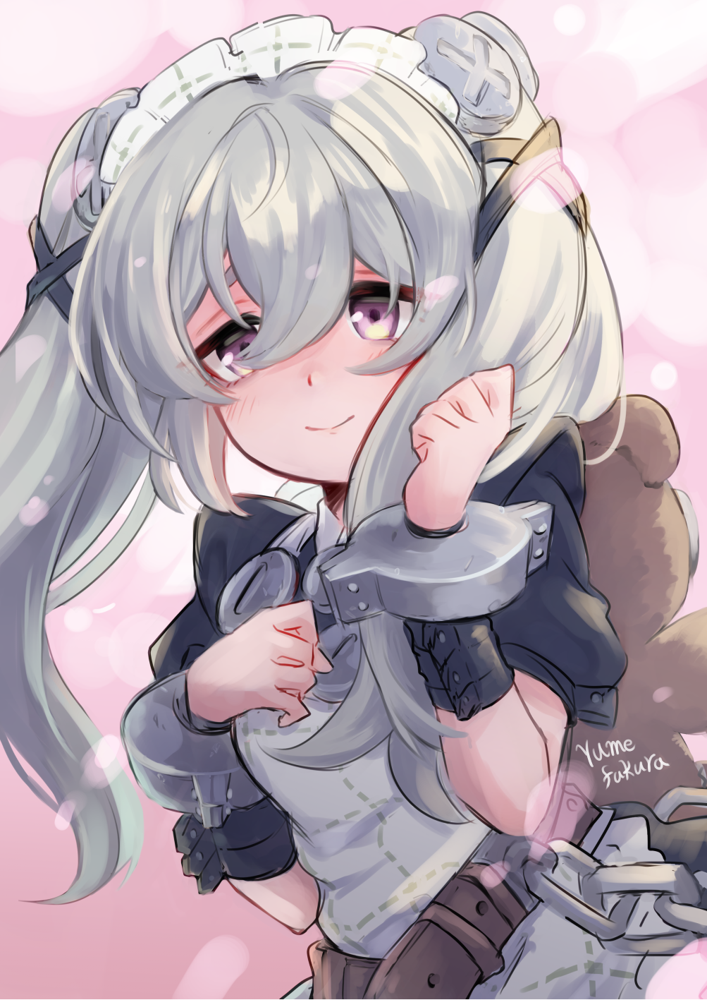 1girl, animal_bag, apron, artist_name, bear_bag, belt, brown_belt, chain