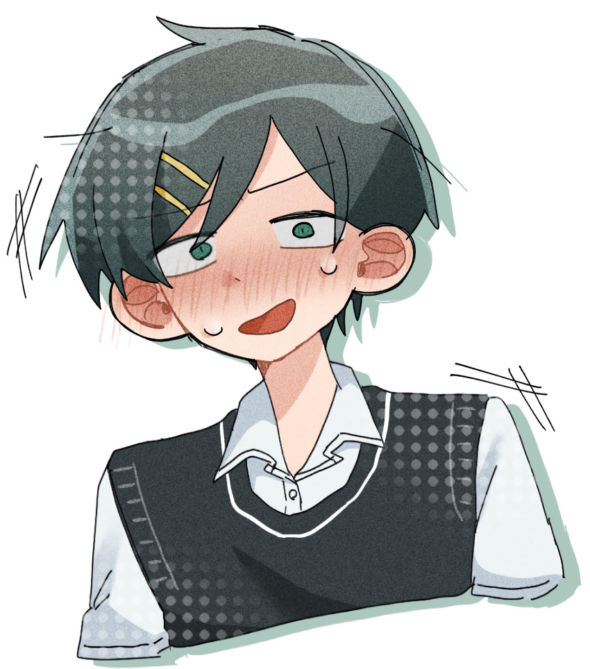 1girl, :d, adutiaduti0616, black_hair, black_sweater_vest, blush, collared_shirt, commentary_request