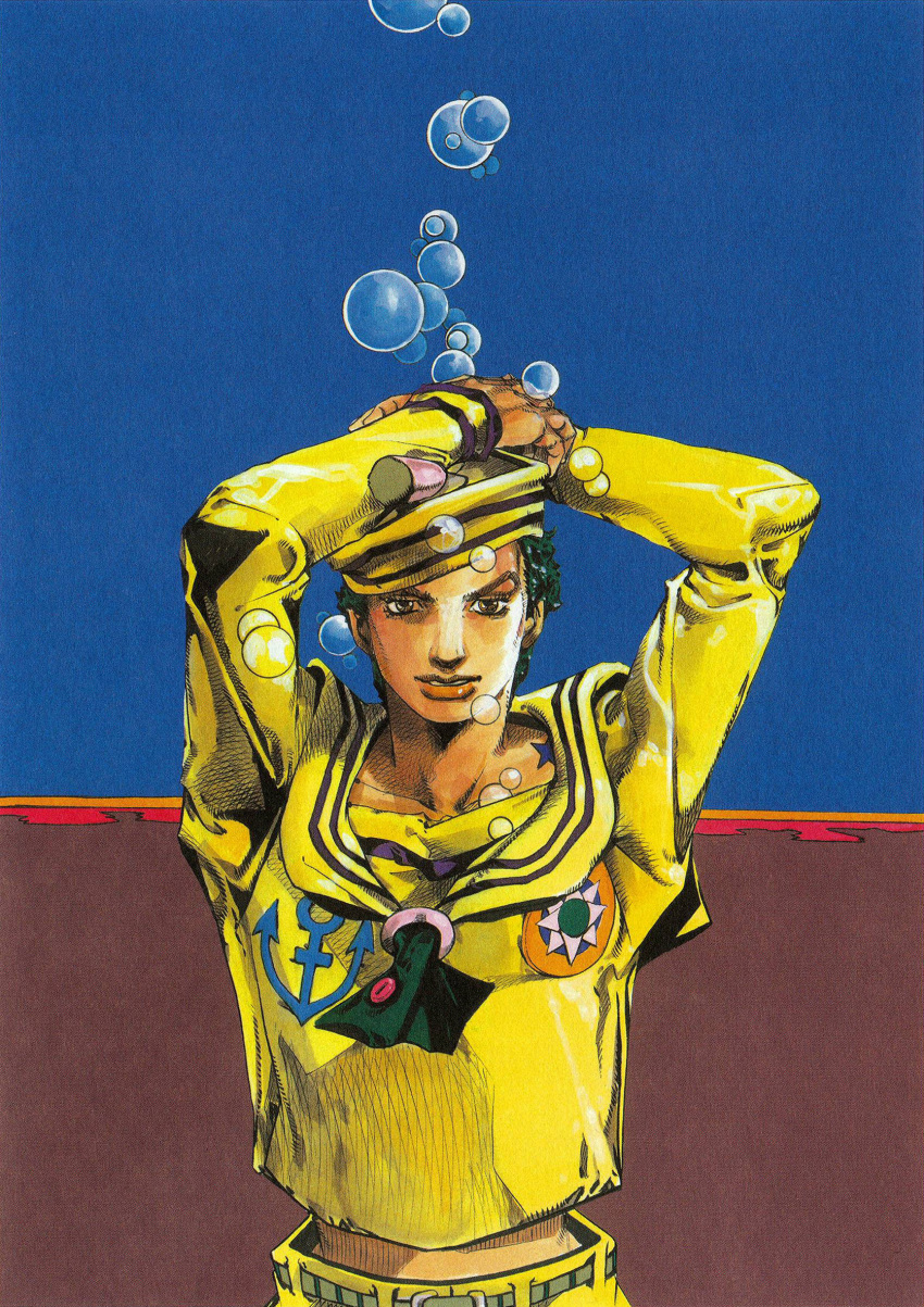 1boy, anchor_ornament, araki_hirohiko, arms_up, birthmark, bubble, compass_rose, dixie_cup_hat